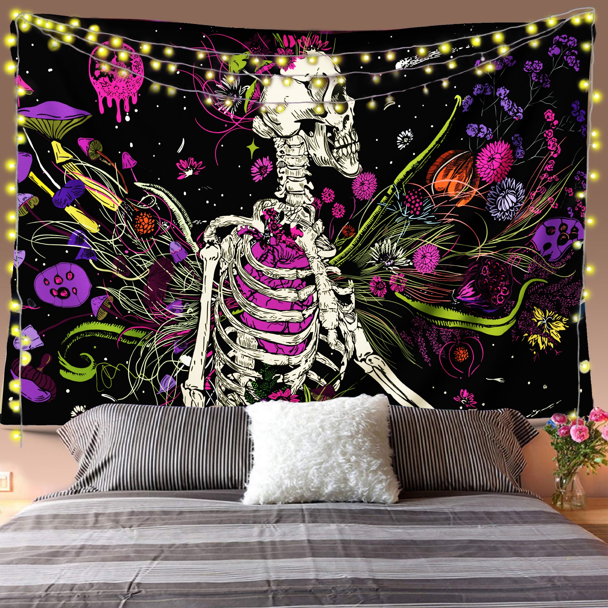 Skeleton Mushroom Flowers Tapestry